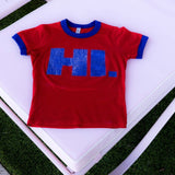 "HI!" Ringer Tee (Blue/Red)
